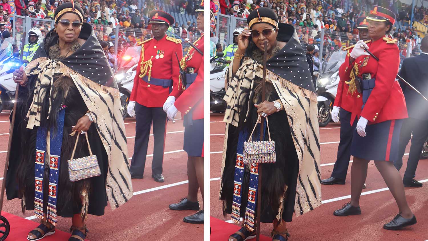 Her Majesty the Queen Mother posing for journalists.